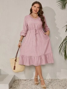 Miaspire Plus Size Casual Solid Color Ruffle Drawstring Waist Dress Fall - Dusty Pink - View 2