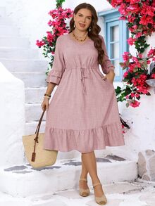 Miaspire Plus Size Casual Solid Color Ruffle Drawstring Waist Dress Fall - Dusty Pink - View 1