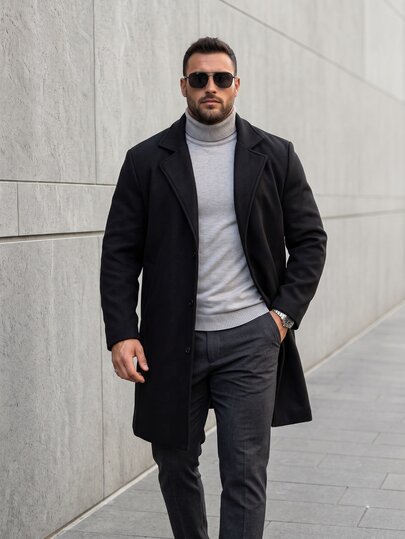 KRYTIVO Plus Size Men Solid Color Lapel Neck Single Breasted Overcoat, Men's Long Sleeve Black Coat, For Fall Winter