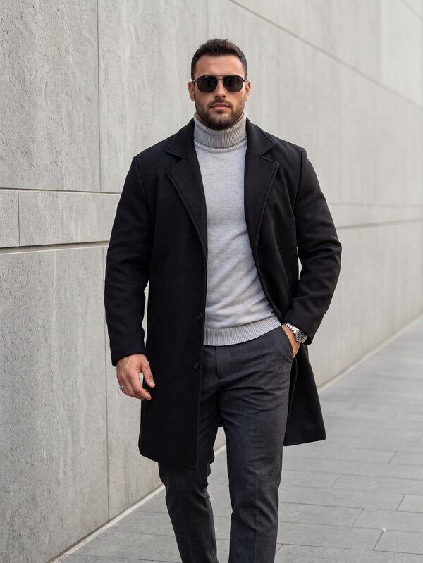 KRYTIVO Manteau long à col cranté et simple boutonnage en couleur unie pour hommes grande taille, manteau noir à manches longues pour hommes, pour l'automne et l'hiver