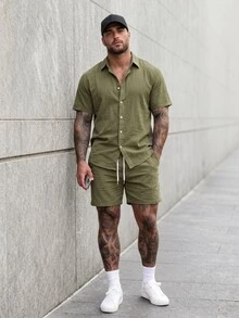 KRYTIVO Plus Size Men's Solid Color Short Sleeve Shirt And Shorts Casual Set - Army Green - View 1