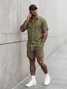 KRYTIVO Plus Size Men's Solid Color Short Sleeve Shirt And Shorts Casual Set - Army Green - View 3