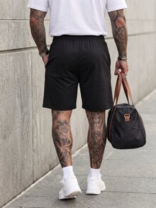 Manfinity Homme Plus Size Men's Summer Sports Casual Drawstring Waist Shorts - Black - View 3