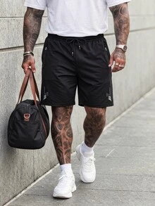 Manfinity Homme Plus Size Men's Summer Sports Casual Drawstring Waist Shorts - Black - View 2