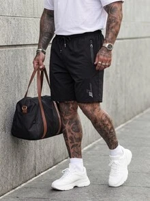 Manfinity Homme Plus Size Men's Summer Sports Casual Drawstring Waist Shorts - Black - View 4