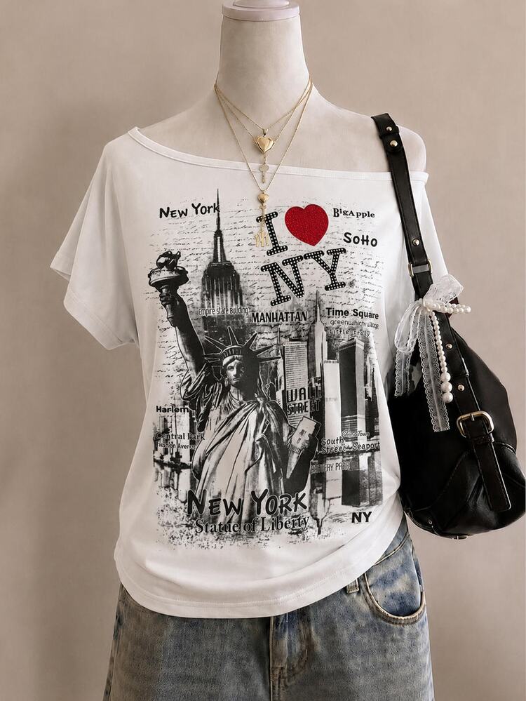 Lalippa Women's Letter Print Asymmetrical Shoulder Casual Streetwear Daily T-Shirt Travel White And Red Summer - White - View 3