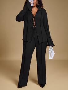 Hourglow Ceceforeign_ Plus Size 2pcs Set: Tie Front Blouse With Bowknot And Solid Color Flared Knit Pants, For Hourglass Body Shape - Black - View 4