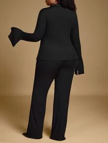 Hourglow Ceceforeign_ Plus Size 2pcs Set: Tie Front Blouse With Bowknot And Solid Color Flared Knit Pants, For Hourglass Body Shape - Black - View 2