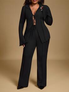 Hourglow Ceceforeign_ Plus Size 2pcs Set: Tie Front Blouse With Bowknot And Solid Color Flared Knit Pants, For Hourglass Body Shape - Black - View 1