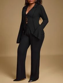 Hourglow Ceceforeign_ Plus Size 2pcs Set: Tie Front Blouse With Bowknot And Solid Color Flared Knit Pants, For Hourglass Body Shape - Black - View 3