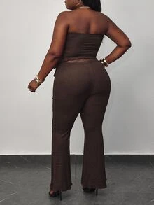 Hourglow Dollyholly86 2pcs Set: Coffee Color Bandeau Top And Flare Pants,Cowgirl, Plus Size,Spring Summer Clothes, For Hourglass Body Shape - Coffee Brown - View 2