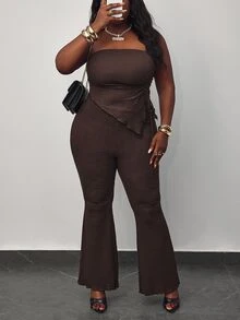 Hourglow Dollyholly86 2pcs Set: Coffee Color Bandeau Top And Flare Pants,Cowgirl, Plus Size,Spring Summer Clothes, For Hourglass Body Shape - Coffee Brown - View 1