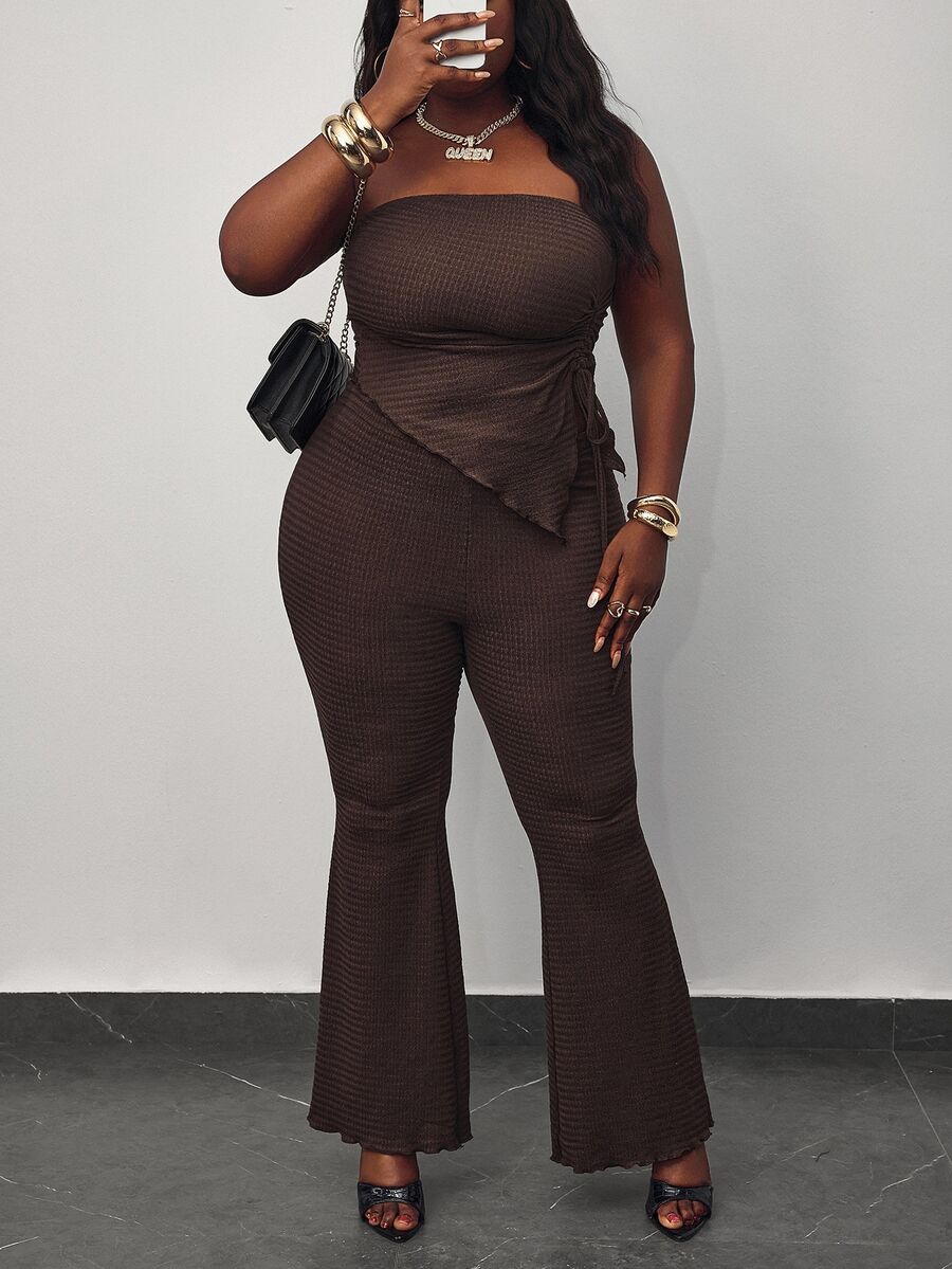Hourglow Dollyholly86 2pcs Set: Coffee Color Bandeau Top And Flare Pants,Cowgirl, Plus Size,Spring Summer Clothes, For Hourglass Body Shape - Coffee Brown - View 1