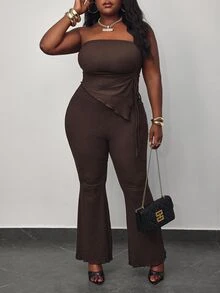 Hourglow Dollyholly86 2pcs Set: Coffee Color Bandeau Top And Flare Pants,Cowgirl, Plus Size,Spring Summer Clothes, For Hourglass Body Shape - Coffee Brown - View 5