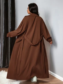 Truni Plus Size Plain Color Dual-Breasted Long Casual Trench Coat, Spring/Autumn Winter Fall, For Pear Triangle Body Shape - Brown - View 2