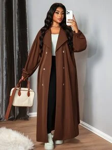 Truni Plus Size Plain Color Dual-Breasted Long Casual Trench Coat, Spring/Autumn Winter Fall, For Pear Triangle Body Shape - Brown - View 3