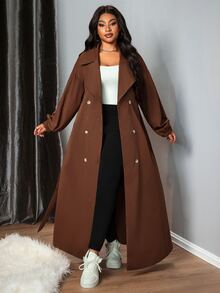 Truni Plus Size Plain Color Dual-Breasted Long Casual Trench Coat, Spring/Autumn Winter Fall, For Pear Triangle Body Shape - Brown - View 6