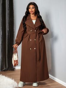 Truni Plus Size Plain Color Dual-Breasted Long Casual Trench Coat, Spring/Autumn Winter Fall, For Pear Triangle Body Shape - Brown - View 1