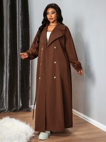 Truni Plus Size Plain Color Dual-Breasted Long Casual Trench Coat, Spring/Autumn Winter Fall, For Pear Triangle Body Shape - Brown - View 4