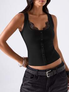 LYSMO Women's Lace Patchwork Slim Fit Versatile Daily Casual Top Everyday Going Out Black Summer Black Top - Black - View 4