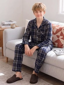 青少年男孩格紋開襟翻領長袖上衣褲子休閒居家服套裝，舒適款 - 彩色 - 查看 5