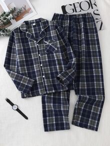 青少年男孩格紋開襟翻領長袖上衣褲子休閒居家服套裝，舒適款 - 彩色 - 查看 4