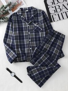 青少年男孩格紋開襟翻領長袖上衣褲子休閒居家服套裝，舒適款 - 彩色 - 查看 3