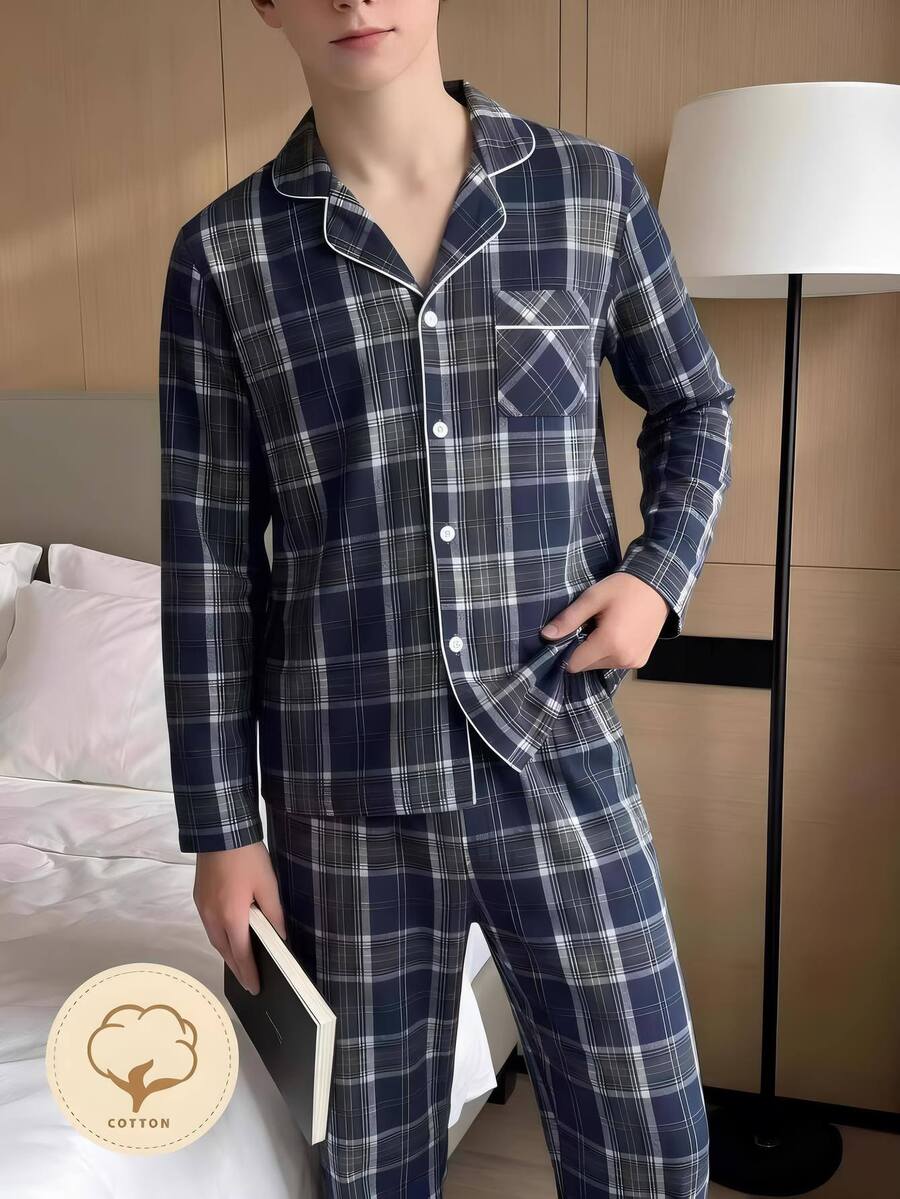 Set Pakaian Santai Kasual Nyaman untuk Remaja Laki-laki Motif Kotak-kotak dengan Kerah Terbuka di Depan, Lengan Panjang dan Celana Panjang - MultiWarna - View 1