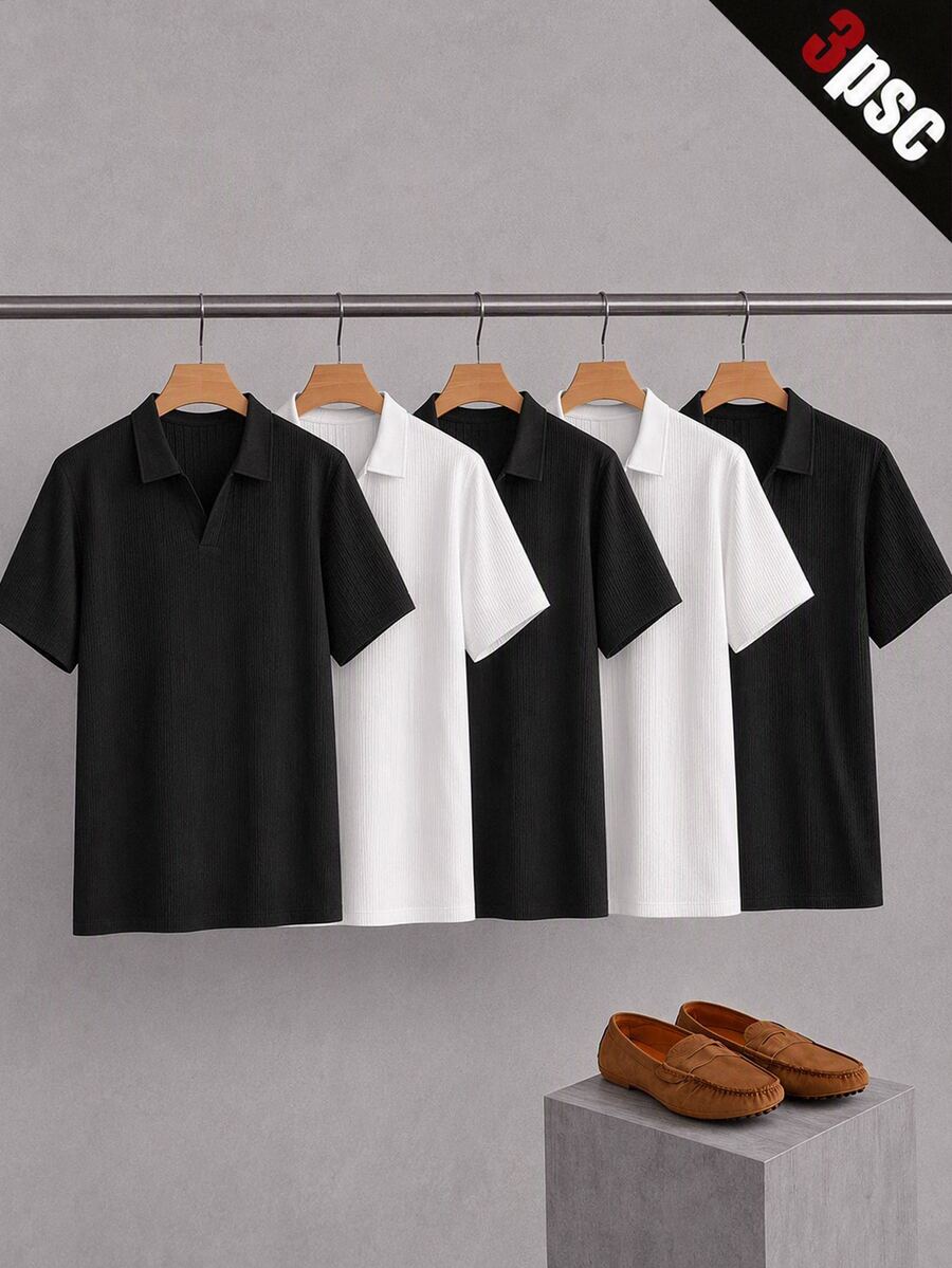 Mainfolk 3件組男士極簡冰絲觸感短袖 Polo 衫,夏季款 - 黑色 - 查看 1