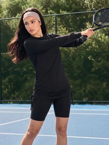 SHEIN Sports 2pcs Solid Color Drawstring Shorts Design Women's Sports Set - Black - View 1