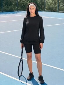 SHEIN Sports 2pcs Solid Color Drawstring Shorts Design Women's Sports Set - Black - View 2