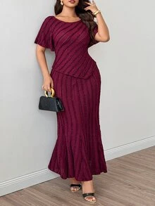 Modelyn Plus Size Women's Ruffle Short Sleeve Asymmetrical Hem Large Scoop Neck, Mermaid Party French Elegant Ruffle Trim Comfortable Skirt & Top 2-Piece Set - Burgundy - View 1