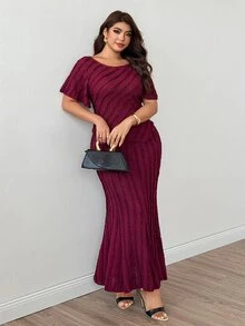 Modelyn Plus Size Women's Ruffle Short Sleeve Asymmetrical Hem Large Scoop Neck, Mermaid Party French Elegant Ruffle Trim Comfortable Skirt & Top 2-Piece Set - Burgundy - View 7