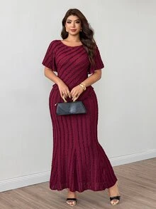 Modelyn Plus Size Women's Ruffle Short Sleeve Asymmetrical Hem Large Scoop Neck, Mermaid Party French Elegant Ruffle Trim Comfortable Skirt & Top 2-Piece Set - Burgundy - View 3