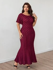 Modelyn Plus Size Women's Ruffle Short Sleeve Asymmetrical Hem Large Scoop Neck, Mermaid Party French Elegant Ruffle Trim Comfortable Skirt & Top 2-Piece Set - Burgundy - View 6