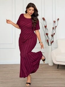 Modelyn Plus Size Women's Ruffle Short Sleeve Asymmetrical Hem Large Scoop Neck, Mermaid Party French Elegant Ruffle Trim Comfortable Skirt & Top 2-Piece Set - Burgundy - View 4