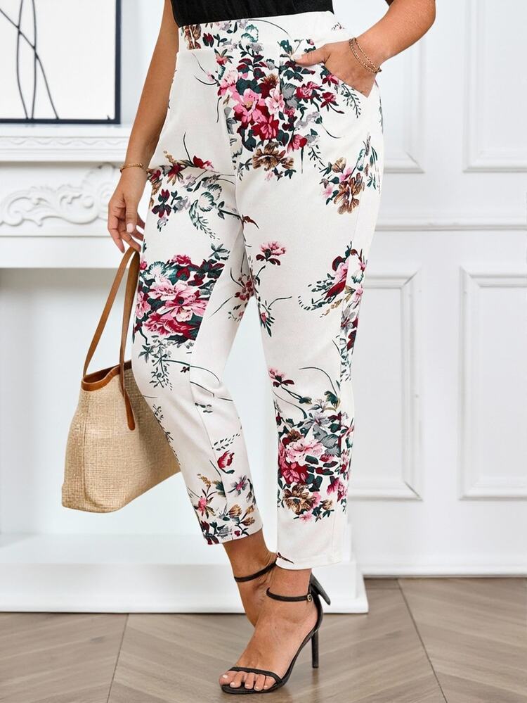 Miaspire Plus Size Women's Floral Print Elastic Waist Side Pocket Ankle Pants, Casual, Summer - White - View 4