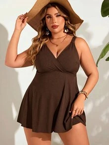 Swim Lushoire 大尺碼女款純色抓皺坦基尼上衣與短褲兩件式泳衣套裝，適合夏季度假與海灘 - 棕色 - 查看 6