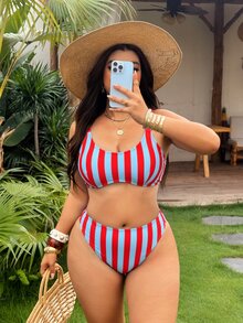 Slaydiva 2026夏季度假復古條紋修身派對大尺碼泳衣套裝 - 彩色 - 查看 5