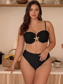 Swim Chiccia Plus Size Women's Summer Beach Solid Color Metal Decor Bikini Top And Triangle Bottom Two-Piece Swimwear Set - Black - View 5