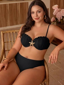 Swim Chiccia Plus Size Women's Summer Beach Solid Color Metal Decor Bikini Top And Triangle Bottom Two-Piece Swimwear Set - Black - View 6