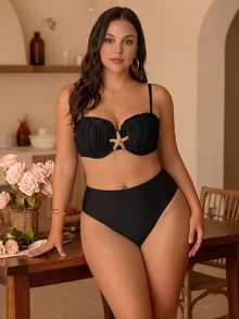 Swim Chiccia Plus Size Women's Summer Beach Solid Color Metal Decor Bikini Top And Triangle Bottom Two-Piece Swimwear Set - Black - View 4
