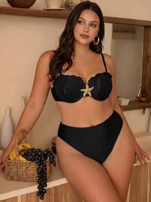 Swim Chiccia Plus Size Women's Summer Beach Solid Color Metal Decor Bikini Top And Triangle Bottom Two-Piece Swimwear Set - Black - View 1
