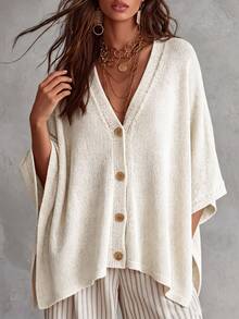 Linhara CURVE Plus Size Women Solid Color Knit Shawl Cardigan V-Neck Metal Button Suitable For Daily Casual Traditional Office Semi Formal Vacation Autumn Beige - White - View 3
