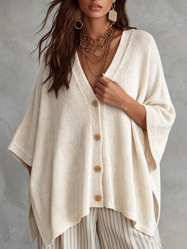 Linhara CURVE Plus size dam enfärgad stickad sjal-cardigan med V-ringning och metallknappar, lämplig för vardaglig casual, traditionell kontorsstil, semi-formellt och semester, höst, beige