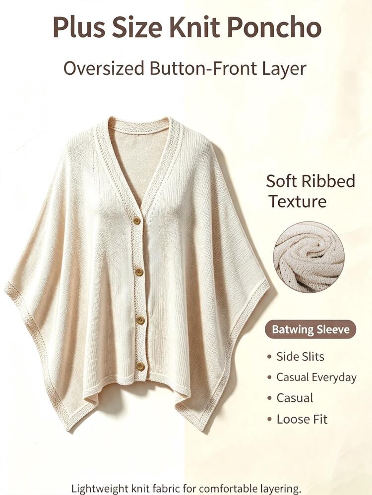 Linhara CURVE Plus Size Women Solid Color Knit Shawl Cardigan V-Neck Metal Button Suitable For Daily Casual Traditional Office Semi Formal Vacation Autumn Beige - White - View 8