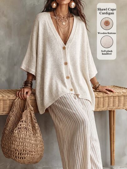 Linhara CURVE Plus Size Women Solid Color Knit Shawl Cardigan V-Neck Metal Button Suitable For Daily Casual Traditional Office Semi Formal Vacation Autumn Beige