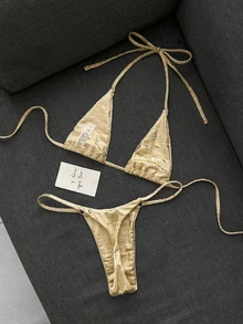 Swim SXY 女款夏季海灘金箔掛脖繫帶性感時尚比基尼兩件式泳衣套裝 - 金色 - 查看 2