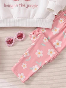 Cozy Pixies Baby Girls Pullover Sweatshirt Co-Ords, Crew Neck Pullover, Fleece Lined Long Sleeve, Colorful Floral Pattern Knitted Soft Pullover Sweatshirt, Elastic Waist Floral Print Pink Trousers, 2pcs Set, Cute And Comfortable - Pink - View 5