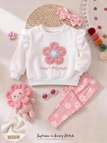 Cozy Pixies Baby Girls Pullover Sweatshirt Co-Ords, Crew Neck Pullover, Fleece Lined Long Sleeve, Colorful Floral Pattern Knitted Soft Pullover Sweatshirt, Elastic Waist Floral Print Pink Trousers, 2pcs Set, Cute And Comfortable - Pink - View 3